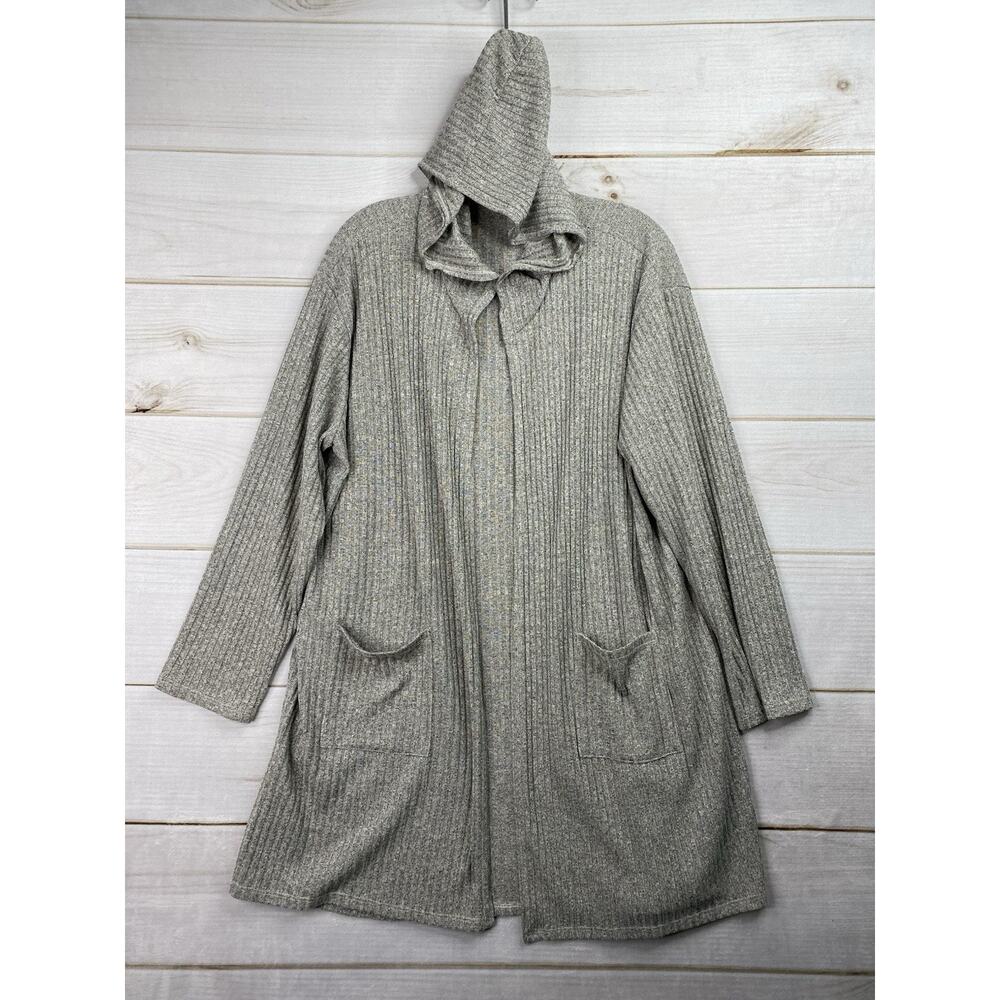 Double Zero Womens Cardigan 2X Hooded Beige Lightweight Pockets Ribbed Open